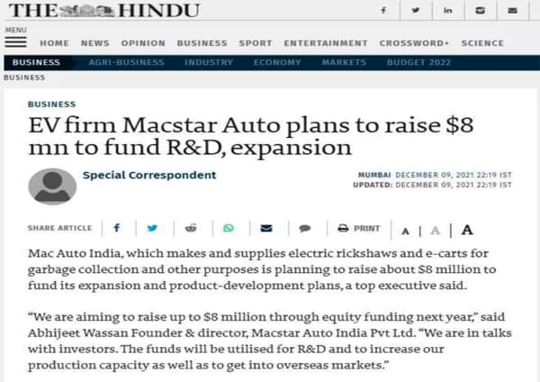 EV firm Macstar Auto plans to raise $8 mn to fund R&D, expansion