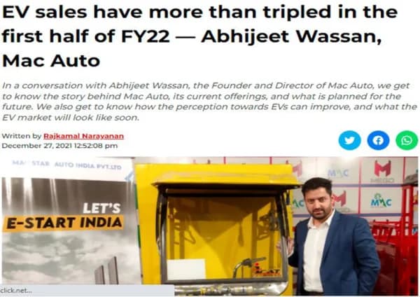 EV sales have more than tripled in the first half of FY22 — Abhijeet Wassan, Mac Auto
